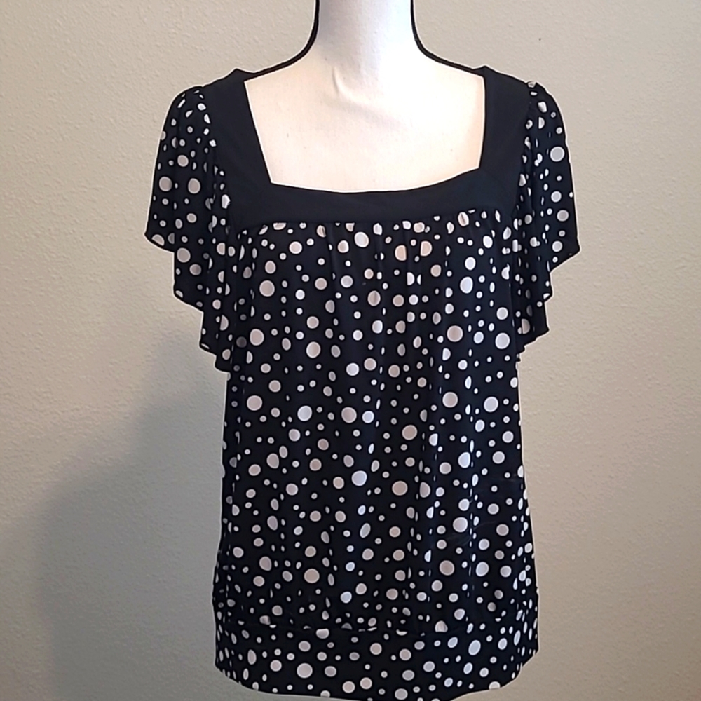 Xl Polka Dot Black White Blouse Top Dressy